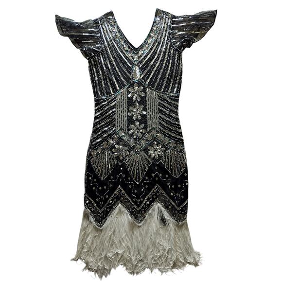 Fundaisy Women's Black Vintage 1920s Gatsby Flapper Sequin Midi Dress Size M - Picture 1 of 11